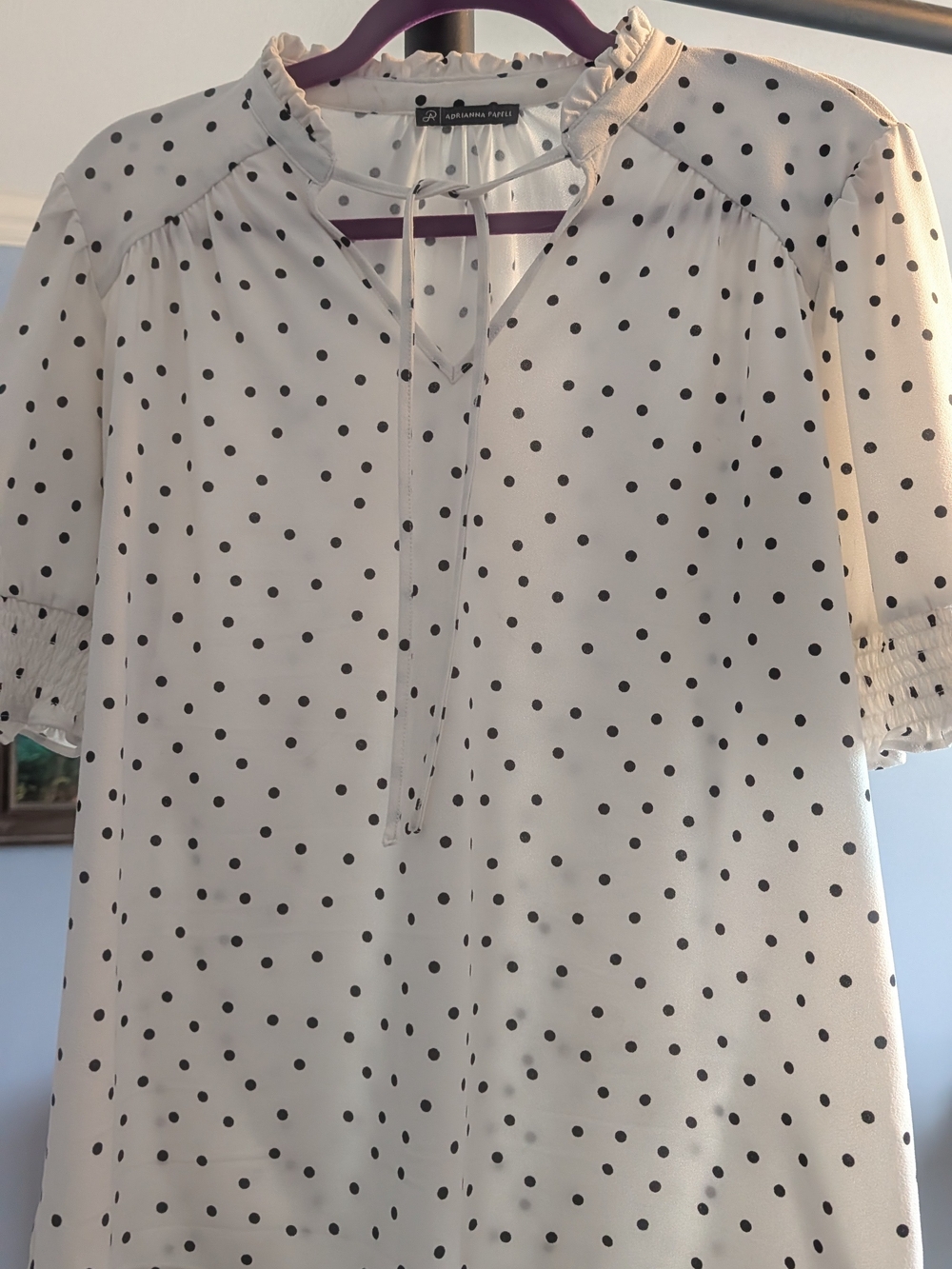 Adrianna Papell White Blouse with Black Polka Dots and Ruffle Tie Neck
